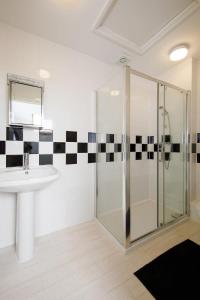 a bathroom with a sink and a shower at Lovely Selsey apartment with sea views sleeps 4 in Selsey