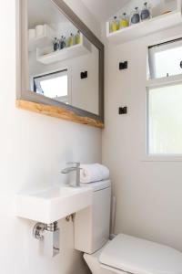 uma casa de banho com um lavatório, um espelho e um WC. em Gorgeous Shepherds Hut - Walk to Beach & Pub em West Wittering