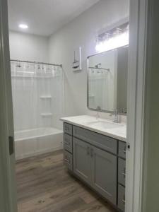 een badkamer met een bad, een wastafel en een spiegel bij Waterfront house on Sam Rayburn - Sleeps 23! in Brookeland