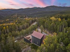 una vista aérea de una casa en el bosque en Cedar Mountain Lodge With Hot Tub Views And Wildlife, en Evergreen