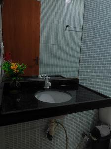 uma casa de banho com um lavatório e um vaso de flores em Casa em Gravatá em Gravatá