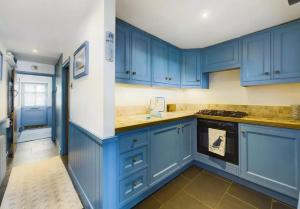 uma cozinha azul com armários azuis e um fogão em 2 Bed cottage in a fantastic sea front setting em Appledore
