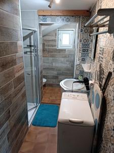 a bathroom with a shower and a toilet and a sink at Les Genêts : chez Laurine et Jérémy in Accons