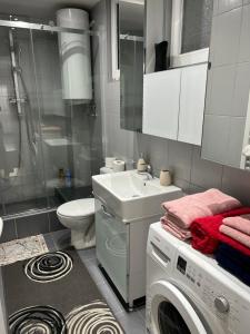 een badkamer met een wasmachine en een wastafel bij D2 - Cosy Downtown Apartment in Belgrado