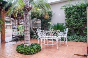 a patio with a table and chairs and a palm tree at Ville Park Hotel in Ourinhos