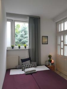 een slaapkamer met een groot bed en een raam bij Hostello - przytulne pokoje, mieszkanie rodzinne in Bolesławiec