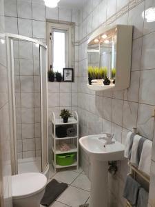 een badkamer met een wastafel, een douche en een toilet bij Hostello - przytulne pokoje, mieszkanie rodzinne in Bolesławiec