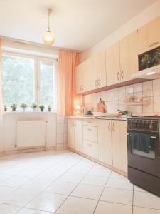 een keuken met witte kasten en een zwarte kachel bij Hostello - przytulne pokoje, mieszkanie rodzinne in Bolesławiec