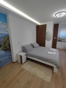 een slaapkamer met een groot bed en een groot raam bij Apartmani Happy House in Surčin