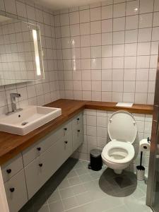 a bathroom with a toilet and a sink at Super sentralt for 2 personer in Lillestrøm