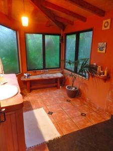 łazienka z umywalką, ławką i oknami w obiekcie The Hub w mieście Collingwood