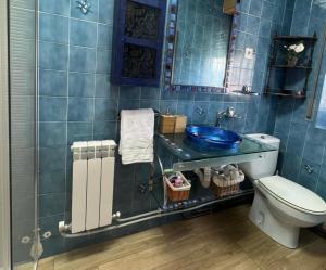 La salle de bains est pourvue de toilettes et d'un mur carrelé bleu. dans l'établissement Casa Santo Domingo de Silos, à Hacinas