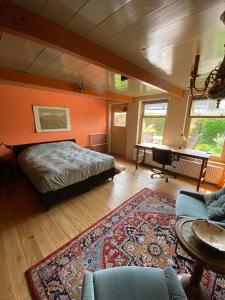 1 dormitorio con 1 cama y escritorio en una habitación en Huis in Marrum uit 1880 met grote tuin., en Marrum