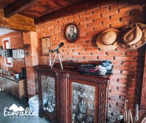 eine Ziegelwand mit einem Holzschrank in einem Zimmer in der Unterkunft Ecovalle São Thomé in São Thomé das Letras