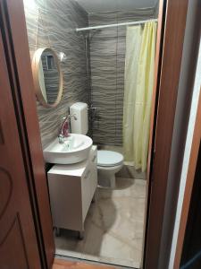 a bathroom with a sink and a toilet and a mirror at Apartments Ohrid Lake in Ohrid