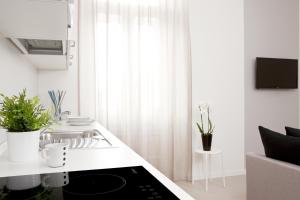a kitchen with a stove and a white counter top at Palazzo Talenti 1907 in Trieste