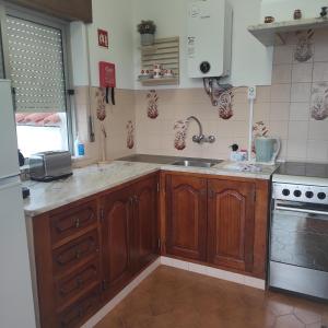 uma cozinha com armários de madeira e um lavatório em Casa Furt@do no Burgau