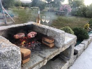 a stone barbecue with two meat and glasses of wine at Villa Piazzola in Petreto-Bicchisano