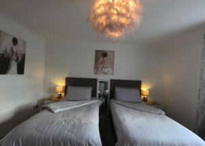 two beds in a room with a chandelier at Cribyn Lodge in Brecon