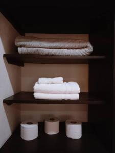 a shelf with towels and toilet paper in a bathroom at Estrella de Mar: Departamento en Progreso in Progreso