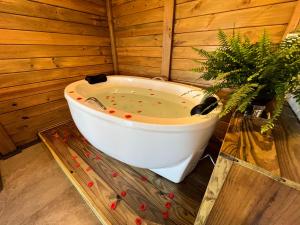 a bath tub sitting inside of a wooden room at Pousada Solar dos Lírios - Praia do Rosa in Praia do Rosa