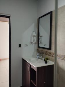 a bathroom with a sink and a mirror at NIRVANA APARTAESTUDIOS in Arauca