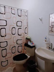a bathroom with a shower curtain and a toilet and a sink at Estrella de Mar: Departamento en Progreso in Progreso +12 photos