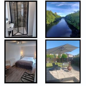 four different pictures of a bedroom and a river at Eskdale Durham DH1 in Durham