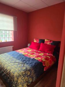 1 dormitorio con 1 cama con almohadas rojas en Apartamenty na 12, en Konstantynów Łódzki
