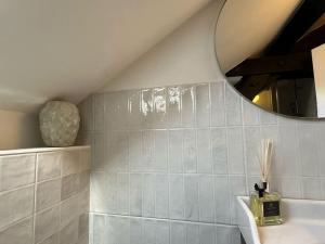 uma casa de banho com um espelho e um lavatório em Studio charmant et confortable à Thonon em Thonon-les-Bains