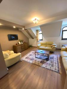 - un salon avec deux canapés et une télévision dans l'établissement Sinaia Central Park, à Sinaia