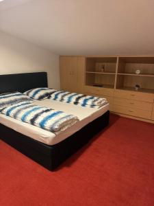 ein großes Bett in einem Zimmer mit einem roten Teppich in der Unterkunft 2 Bedrooms, 2 Baths House with a Living Room an Upstairs Reception rea in Wien