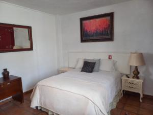 Un dormitorio con una cama blanca y una foto en la pared en SOLACHE INN, en Zitácuaro