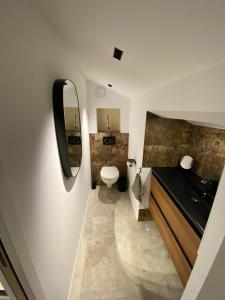 a bathroom with a toilet and a sink and a mirror at « L’Observatoire » 6 personnes in Bandol