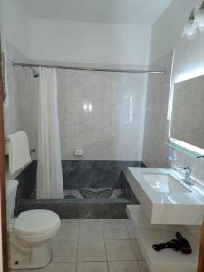 ein Bad mit einem Waschbecken, einem WC und einer Dusche in der Unterkunft Merrils Beach Resort II in Negril