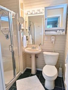 a bathroom with a toilet and a sink and a shower at An Oasis By The Bay in Cowichan Bay