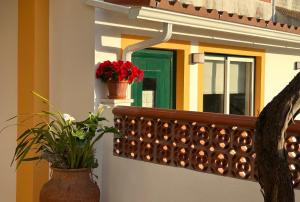 ventana con puerta verde y maceta de flores en el balcón en Quinta dos Avós en Juncal