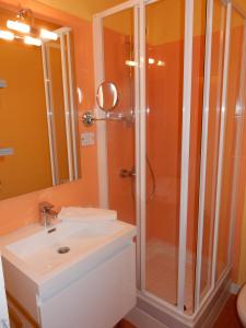 uma casa de banho com um chuveiro e um lavatório. em Hôtel Saint-Hubert em Cour-Cheverny