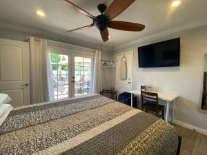 1 dormitorio con 1 cama y ventilador de techo en Windsor Room en Phoenix