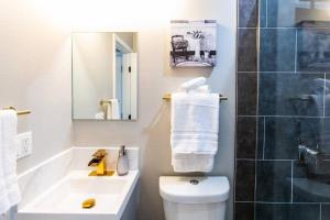 Healthcare&Business-Professionals-Pets A C Wi-Fi في سان دييغو: حمام مع مرحاض ومغسلة ومرآة