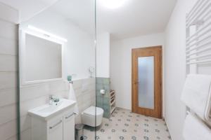 Baño blanco con aseo y lavamanos en Apartmán U Zámku - Apartment by the Castle, en Strakonice