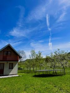 a house with a picnic table in a field at River View Tiny House with Garden in Šipovo