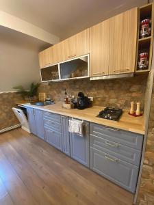 une cuisine avec des armoires bleues et des comptoirs en bois dans l'établissement Sinaia Central Park, à Sinaia