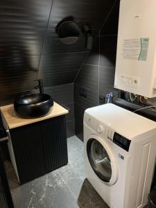 a kitchen with a washing machine and a sink at Apartamenty Astor - Księżycowy in Szczawno-Zdrój