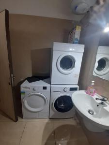 y baño con lavadora y lavamanos. en Holiday Apartment, Gzira, Malta, en Il-Gżira