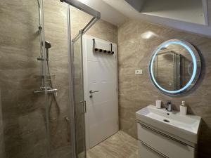 a bathroom with a shower and a sink and a mirror at Apartment Rosandić in Smoljanac