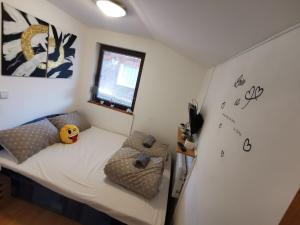 ein kleines Schlafzimmer mit einem Bett und einem Fenster in der Unterkunft Aqualuna Petrov brlog in Podčetrtek