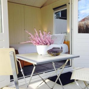 une table avec une plante en pot sur une terrasse couverte dans l'établissement Tiny House Madame Jeanette, à Zandvoort