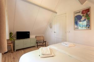 a bedroom with a bed and a tv in it at Het Kleine Huis at Buitenplaats Zeeuwse Liefde in Westkapelle