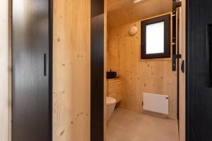 a bathroom with a toilet and a window at Hello Zeeland - Zeeuwse Liefde Tiny House 7 in Westkapelle